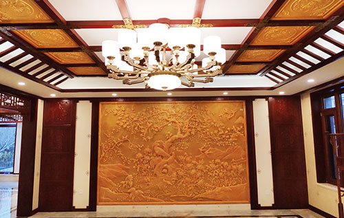 大理中式别墅客厅中式木作横梁吊顶装饰展示